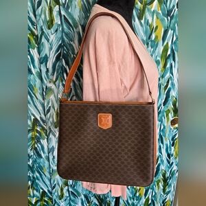Celine Brown Macadam Coated Canvas & Calfskin Leather Vintage Shoulder Bag